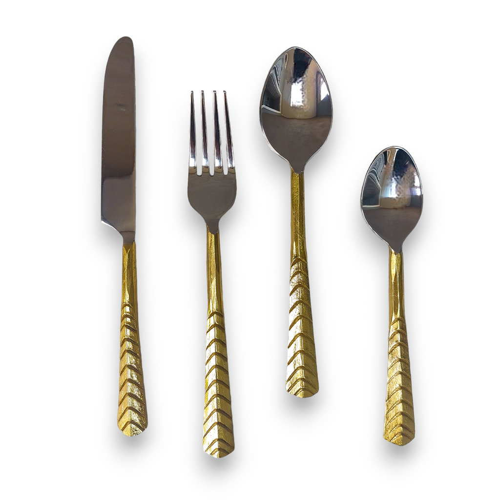 16 Piece Abha Rustic Gold Chevron Handcrafted Steel Cutlery Set