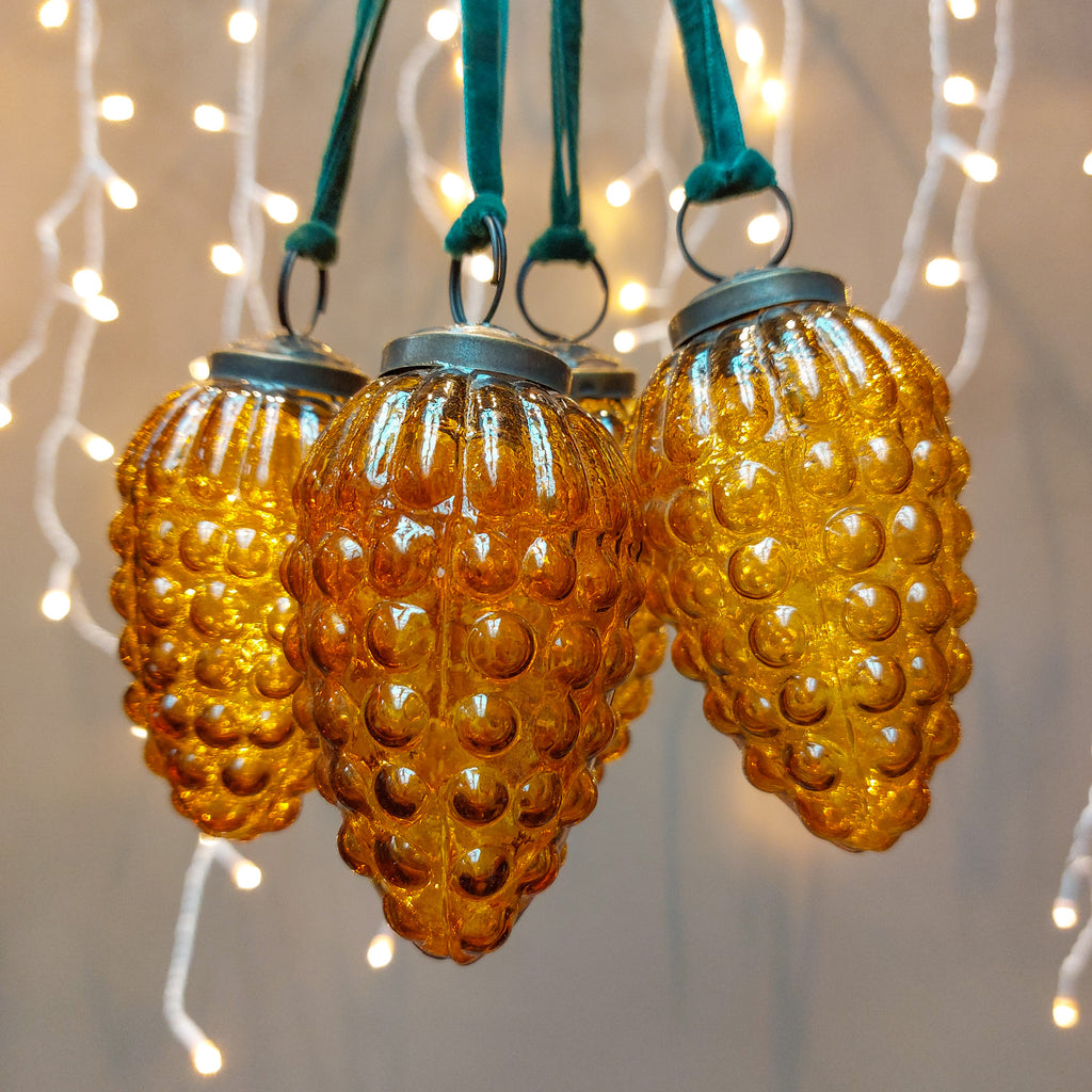 4 Translucent Gold Bubble pattern Handcrafted Glass baubles with green velvet hanging loop