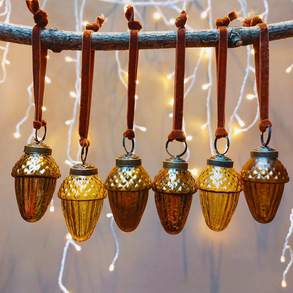 Set of 6 Amber coloured Handcrafted glass baubles in acorn shape with bronze velvet hanging loop