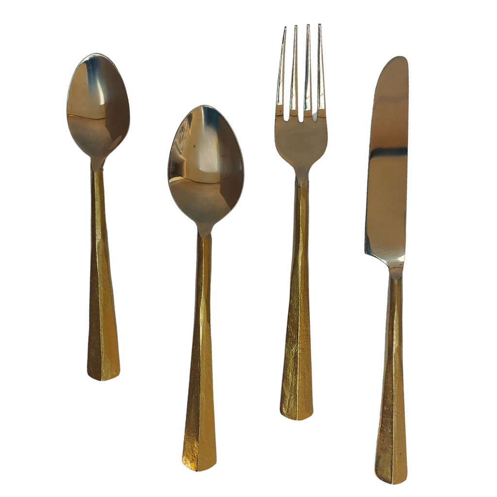 16 piece Gold finish Handcrafted and Hand forged stainless steel cutlery flatware in a gift box